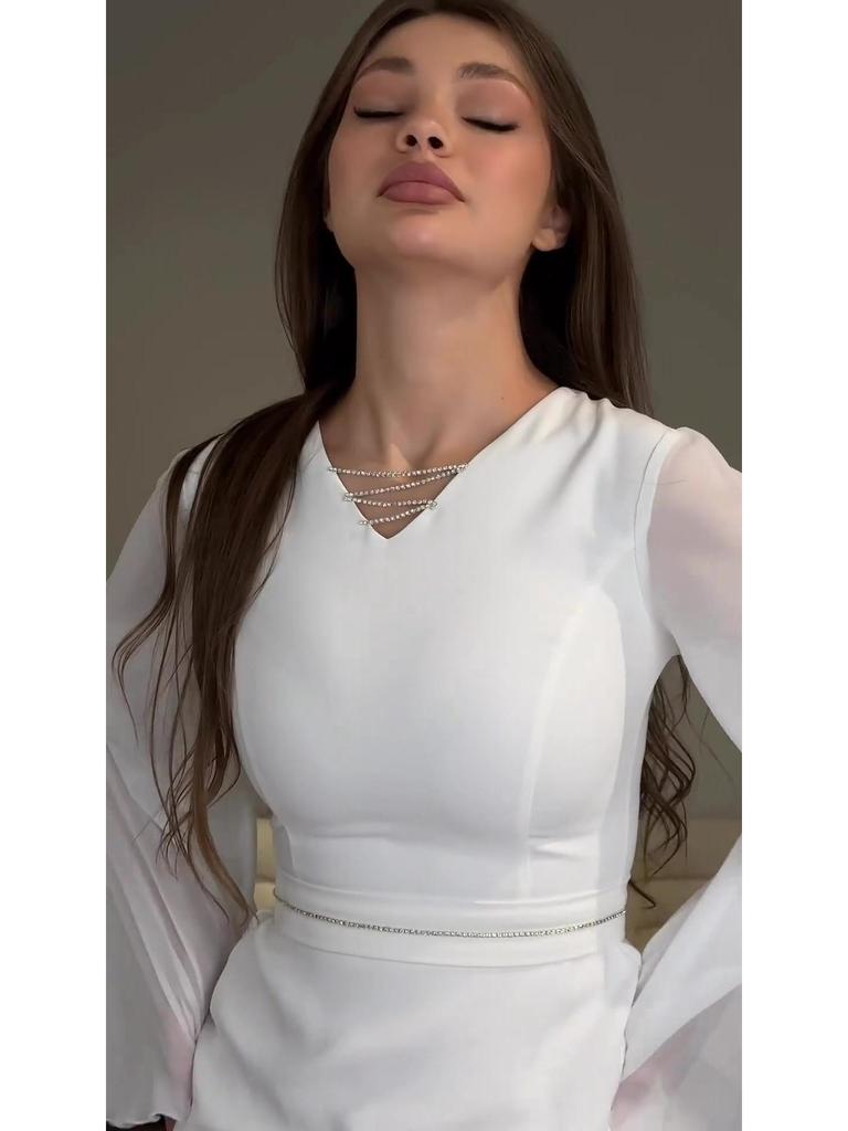 Rochie Bodycon Creion cu Mânecă Lungă și Decolteu în V, Mărimi Mari - Colecția Toamnă 2025