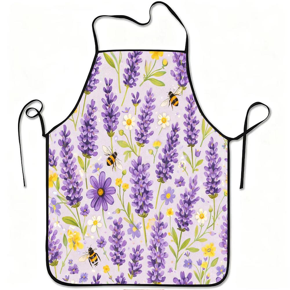 1pc Lavender Flowers and Bees Print Apron, Durable and Easy To Clean, Adjustable Waistband, Polyester Material, for Kitchen Cooking, Gardening, Orchar