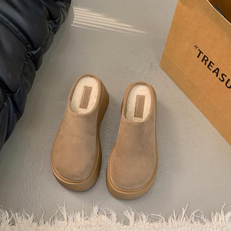 Thick-soled Bag Head Half Slippers Women's Outer Wear Half a Bag of Boken Shoes 2025 New Autumn and Winter Velvet Casual Women's Shoes Half Drag