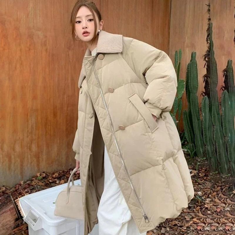 Fashion Lapel Mid-Length Down Jacket Women Winter Windproof Warm Zip Up Parkas Korean Streetwear Long Quilted