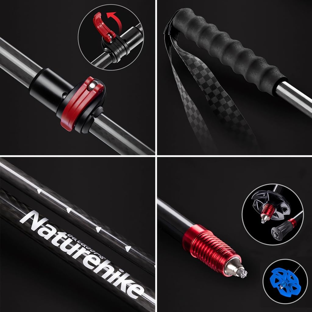 Naturehike Carbon Ultraleichter Teleskop-Trekkingstock für Männer und Frauen Kompakt und Längenverstellbar 1 3-teilig (Rot, L, Stück)