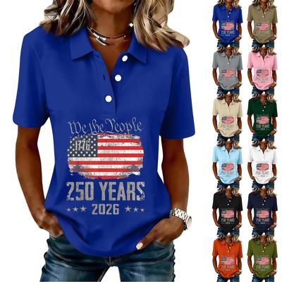 Womens Casual Button Short Sleeve Top with 250th Anniversary 2026 Print and Flag Graphic for Everyday Wear
