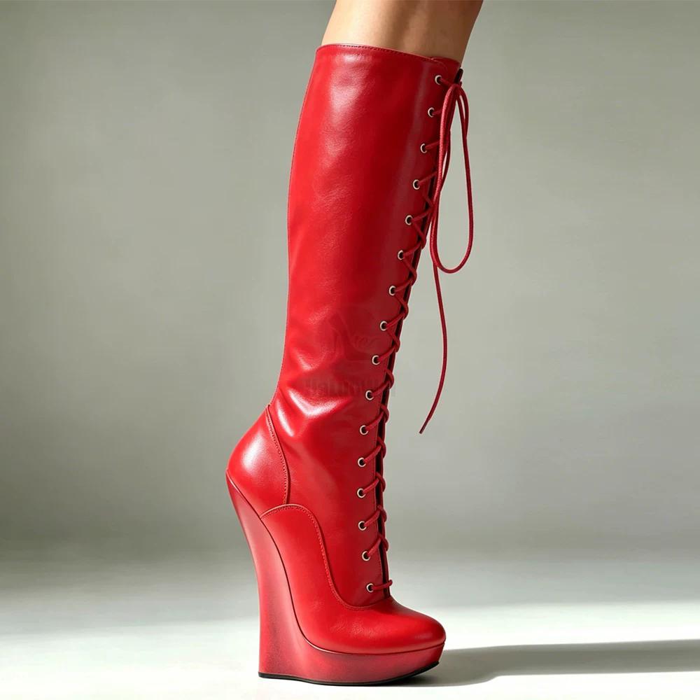 Botas femininas de balé com cadarço, salto cunha de 18cm com salto estranho, plataforma de 3cm, couro envernizado, sexy, zíper, botas altas no joelho