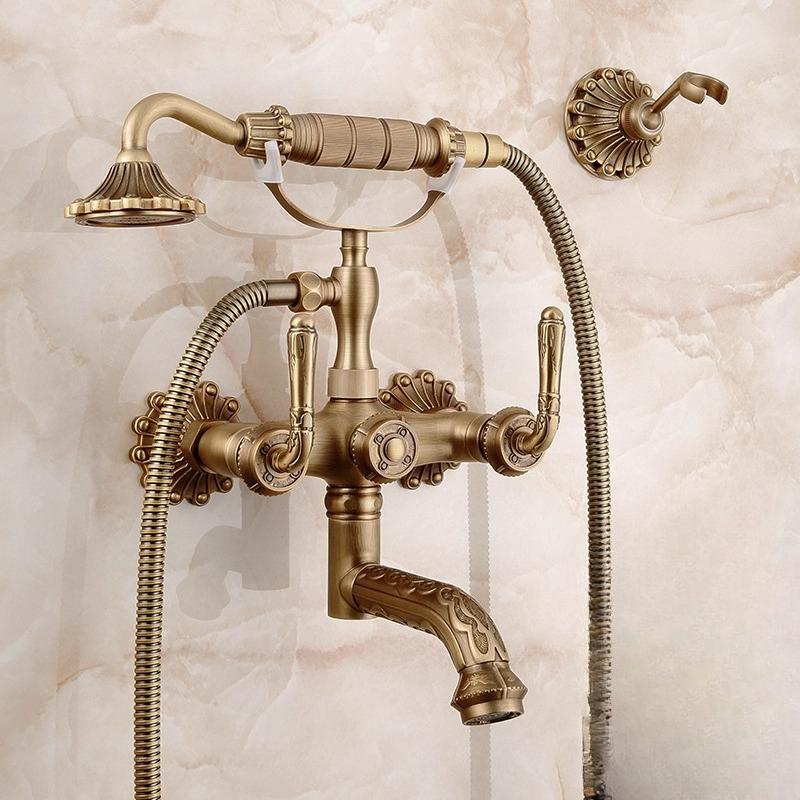 Retro Bathroom Bathtub Faucet Wall Mounted Hand-operated Showerhead Antique Brass Simple Showerhead Set for Bathing
