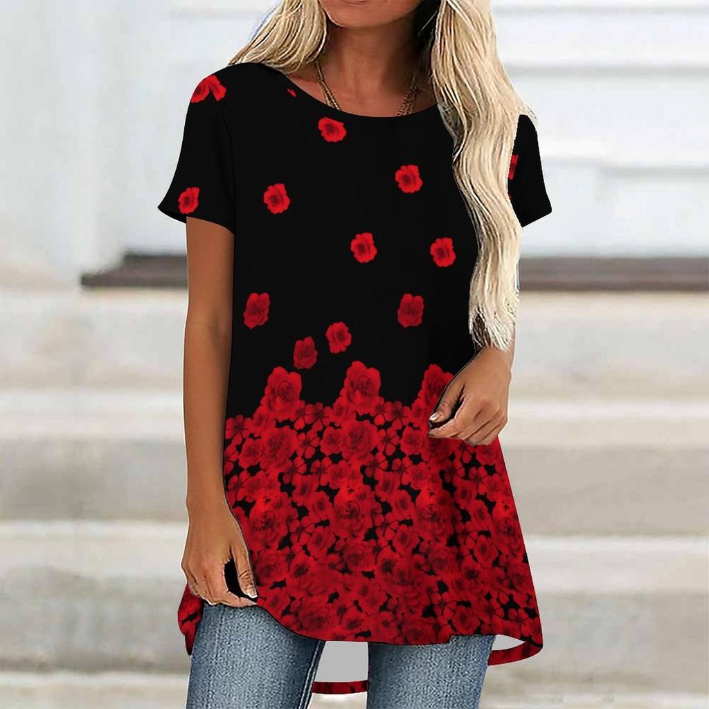 Túnicas Casuales Informales para Mujer con Estampado, Cuello Redondo, Dobladillo Irregular y Manga Corta