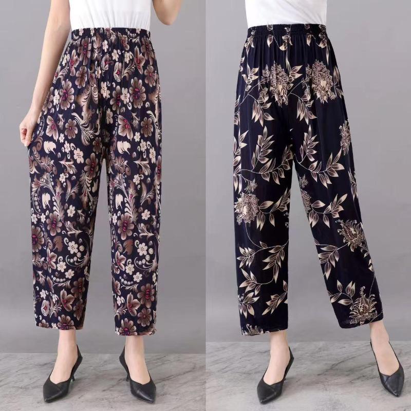 Casual Summer Women's Plus Size Ice Silk Stretch Pants - Loose, High Elastic Waist for Middle-Aged and Elderly