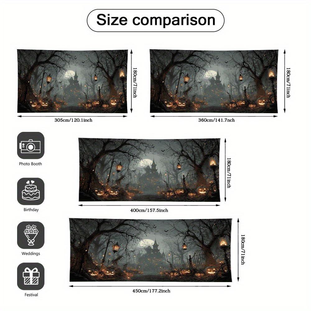 A large garage door banner depicting a terrifying haunted house scene - 2D printed on a flat surfacezyc