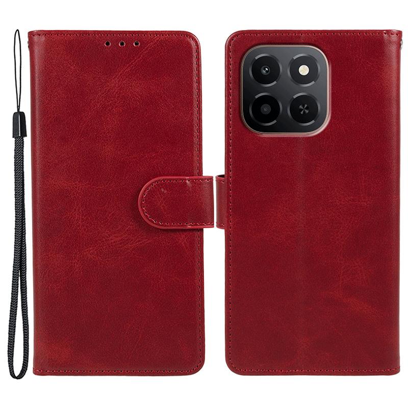 

For Honor X6c 4G Case Calf Texture PU Leather Wallet Phone Cover with Wrist Strap Red