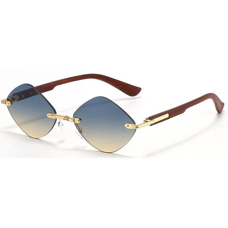 Fashion rhombus frameless trimmed sunglasses men's and women's wood grain European and American sunscreen sunglasses