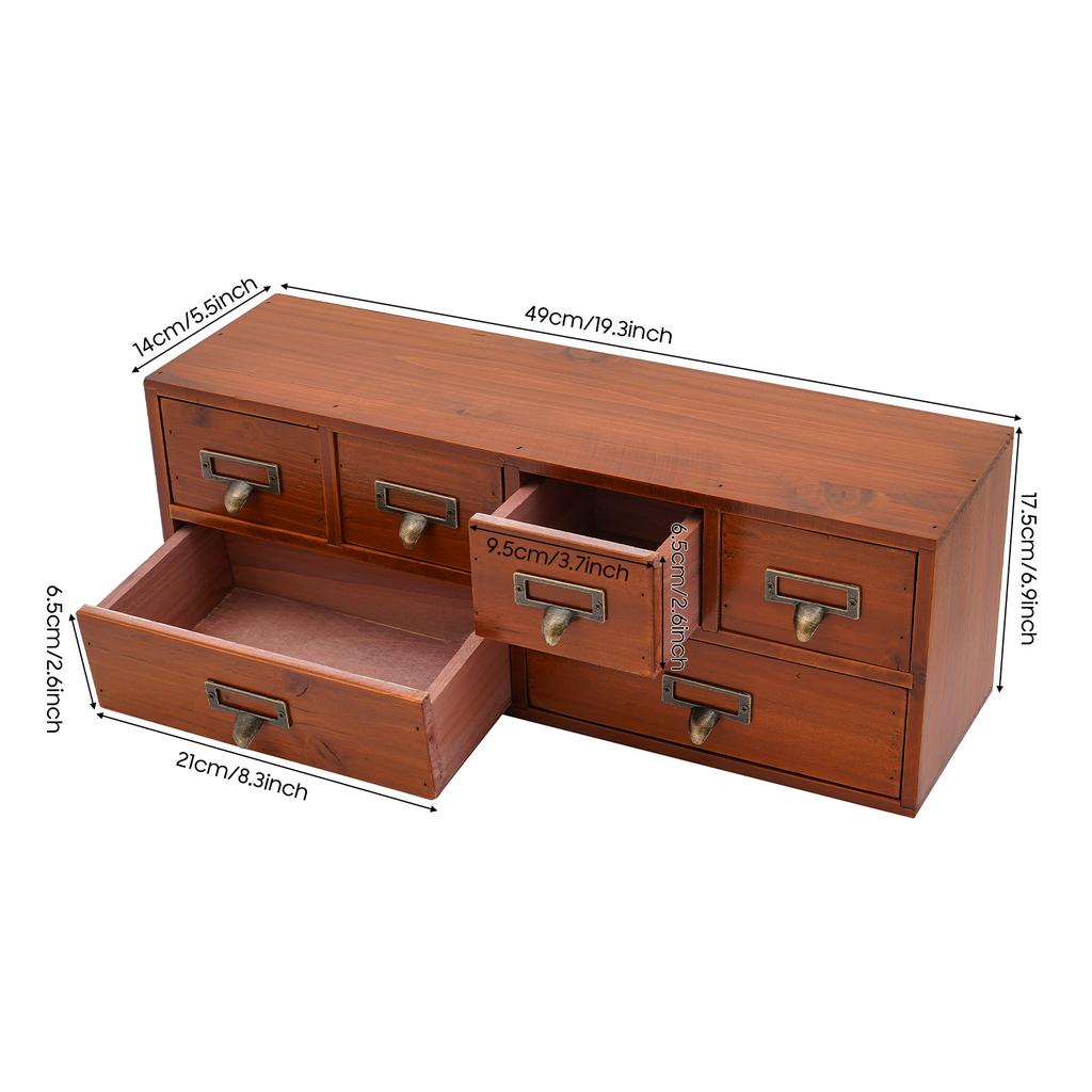 Vintage 6-Drawer Storage Cabinet,Retro Brown Wooden Organizer with Label Slots for Office,Study,Bedroom,Craft & Makeup Storage