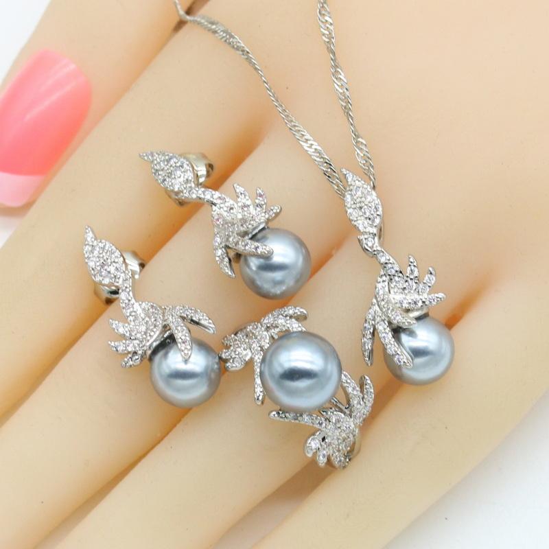 Weiß Perle Farbe Hochzeitsschmuck Sets Für Frauen Ohrringe Halskette Anhänger Ring Zirkonia Armband Geburtstagsgeschenk