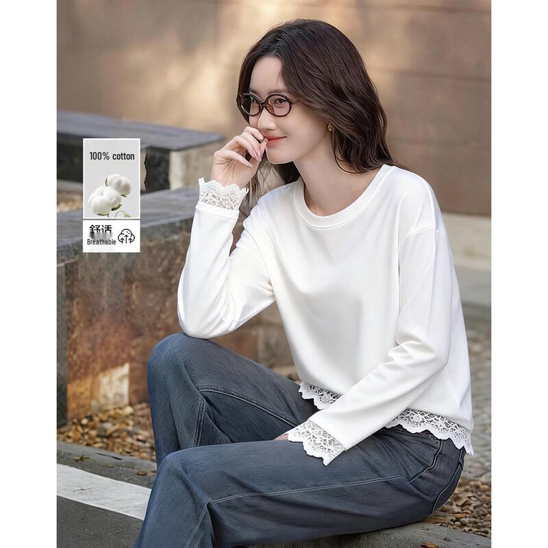 Женская шелковистая хлопковая кружевная пэчворк футболка с круглым вырезом L