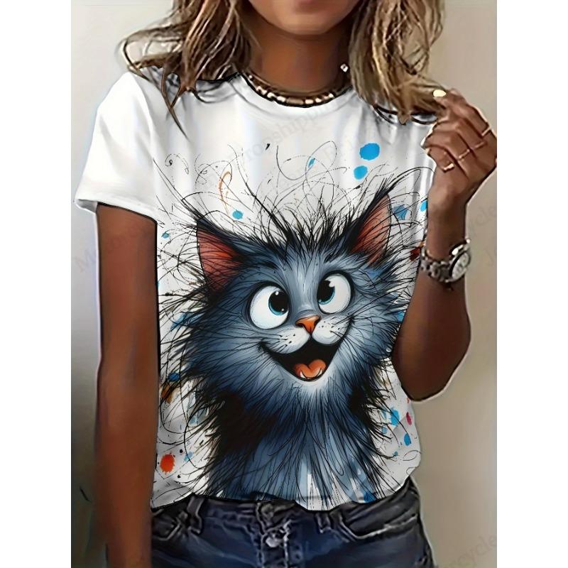 Women's Plus Size 3D Cute Cat 3d Print Tshirt Women Fashion Casual Crew Neck Short Sleeve T Shirt Female Tops Tees