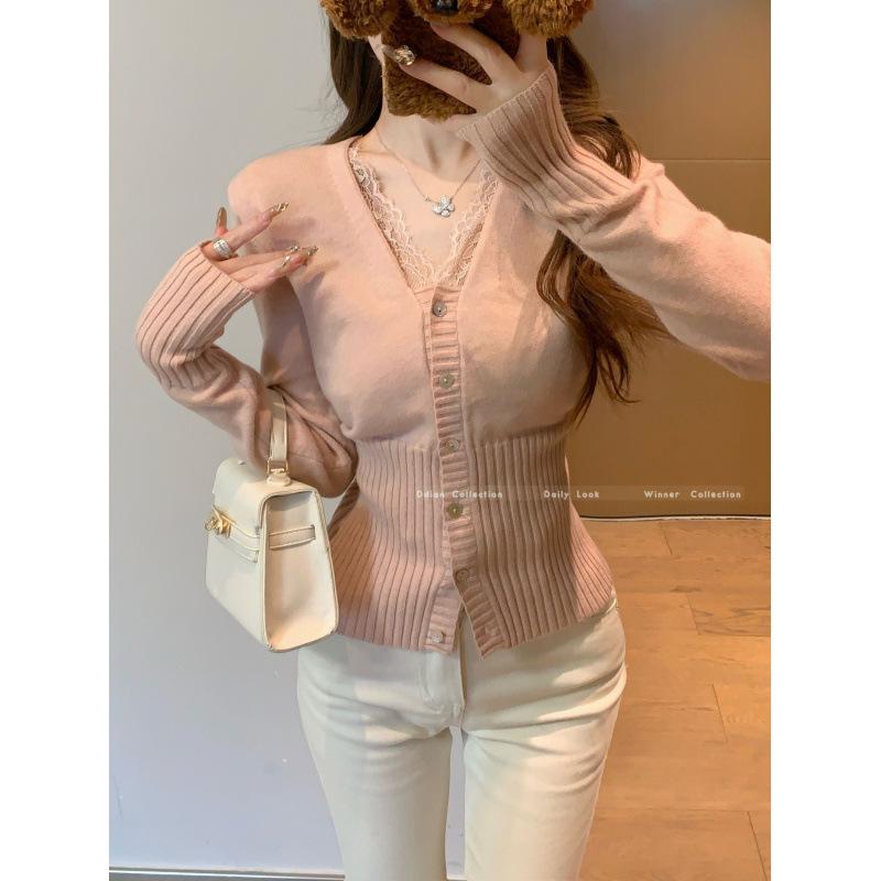Korean V-Neck Lace Splicing Cashmere Cardigan – Women's Waist-Cinching Sweater for Early Spring