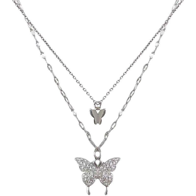 Sparkling Diamond Butterfly Double Layer Necklace Light Luxury Cold Style Clavicle Chain серебряный