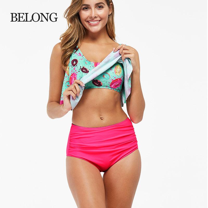 Large Size Women's Fashion Modest Two Pieces Swimsuit Padded Ruffled Top High Waisted Bottom Swimwear Set Printed Backless Tankini Bathing Suit