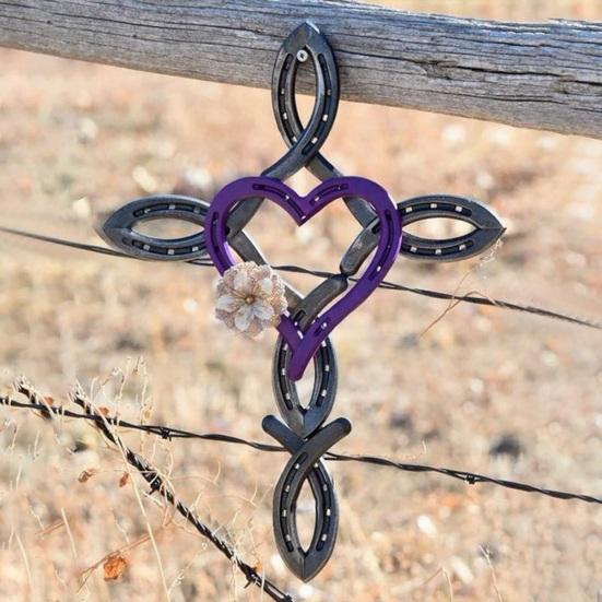 DYS Metal Horseshoe Heart Wall Cross Decor, Hanging Art, Decorative Cross, Rustic Spiritual Art Sculpture for Farmhouse Garden Yard Patio Fence