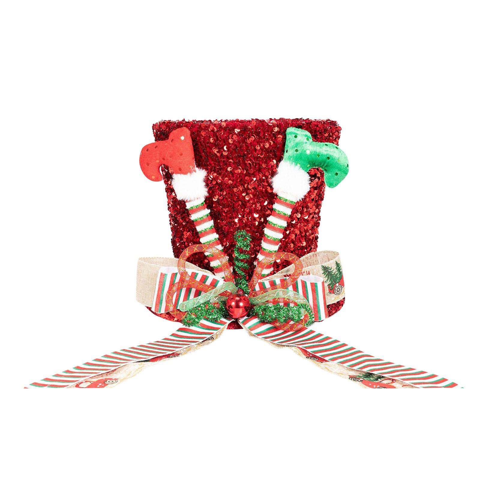 

Рождественская шляпа-верхушка для елки, забавная шляпа-верхушка для елки с ножками, красная шляпа-котелок с блестками и удлиненной лентой-бантом, украшения для елки One Size