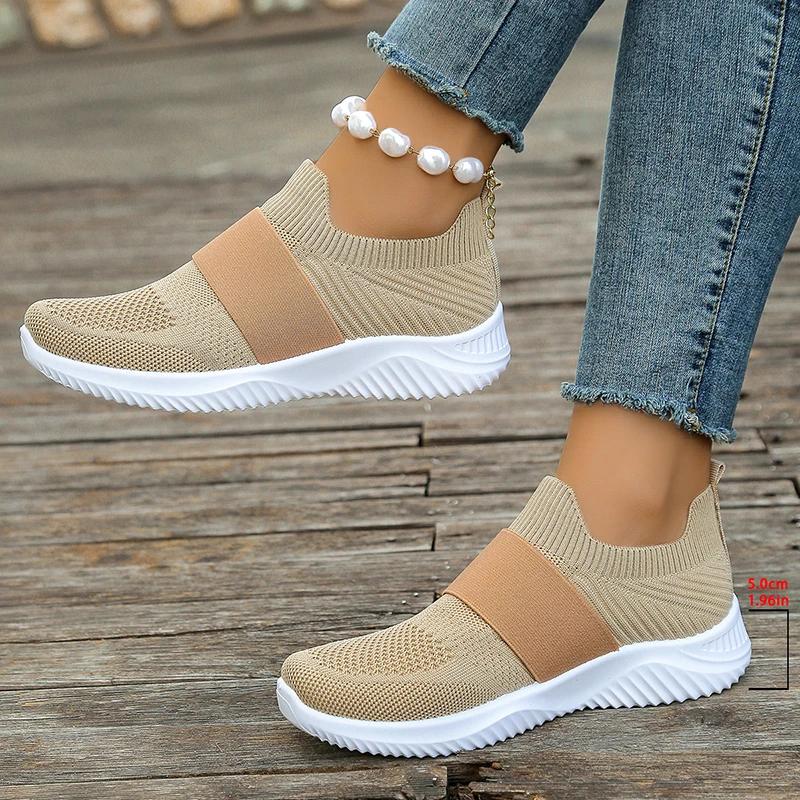 Spring Summer Casual Knitting Sneakers Women Slip On Breathable Mesh Flats Woman Comfortable Non Slip Thick Sole Running Shoes