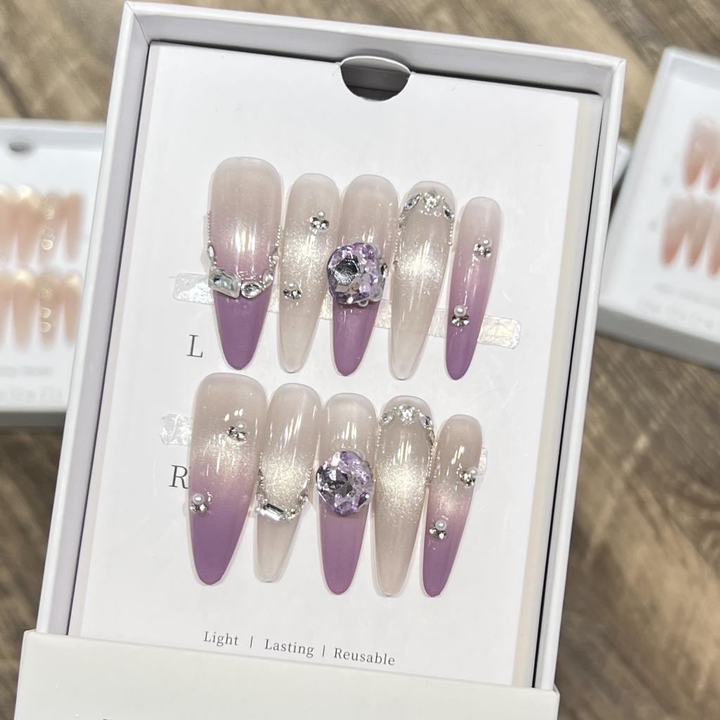 Pure Hand-wearing Armor High-end Purple French Cat Eye Flash Zircon Crushed Diamond Nail Art Fake Nail