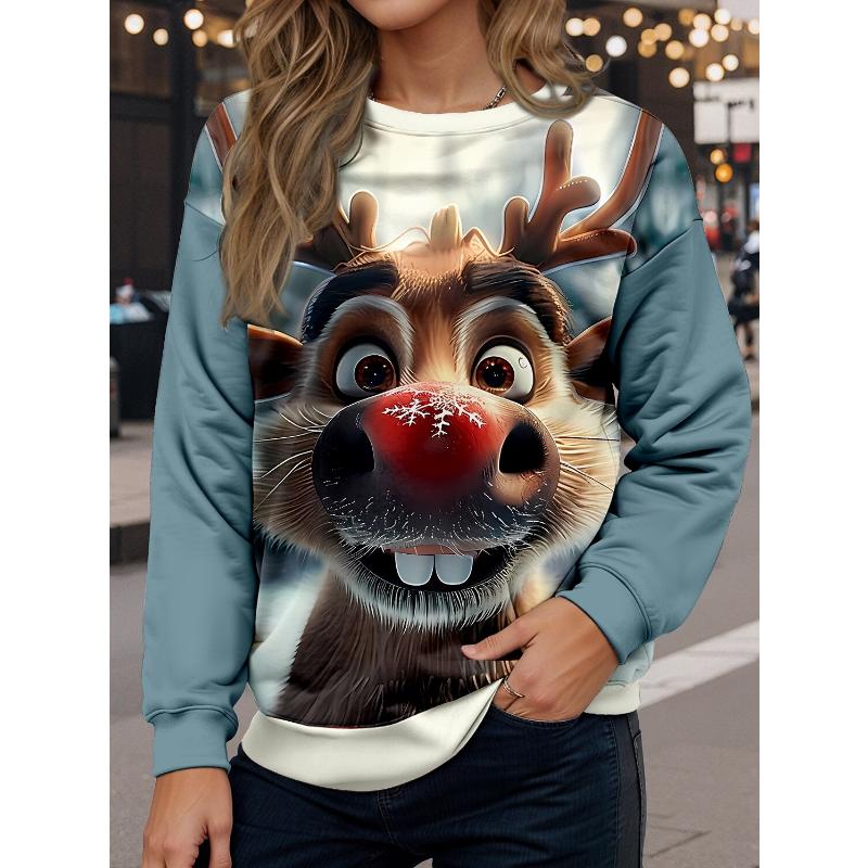 Women's Sweatshirt Casual Polyester Reindeer Street Dailywear Crew Neck Print Long Sleeve Denim Blue Wine Blue Green Fall Winter