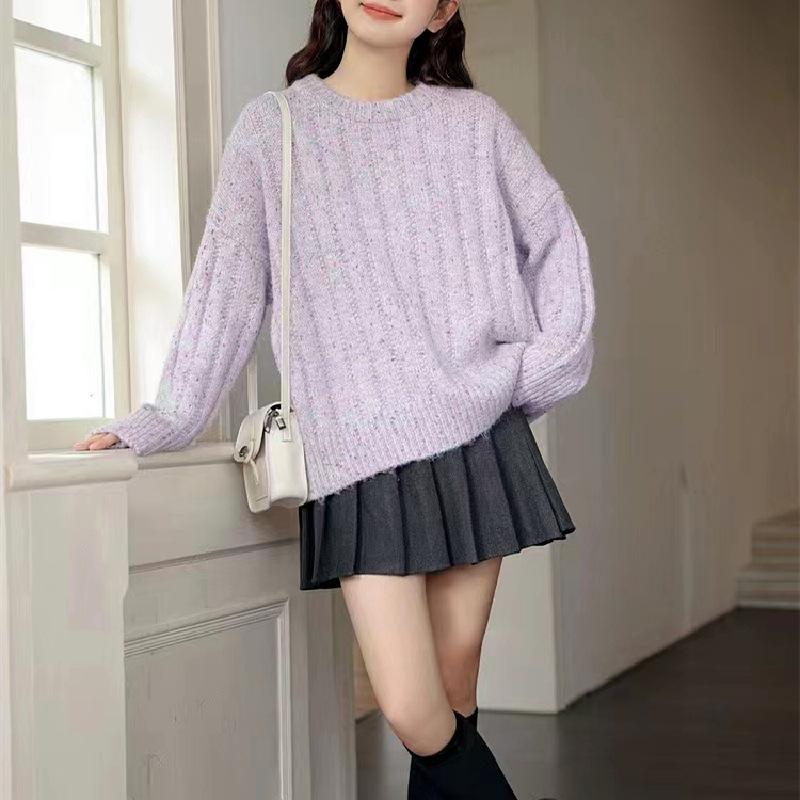 

Осень и зима новый ленивый ветер круглый вырез цветная нить смешанный цвет вязаный свитер свободный мягкий восковой тонкий пуловер свитер женский One size фиолетовый