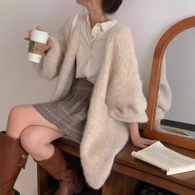 Lantern sleeves lazy wind sweater jacket women's autumn and winter soft waxy loose and thin versatile knitted cardigan women