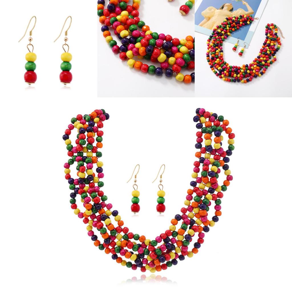 Africaninspired Wooden Bead Necklace And Earrings With Tassel For Summer Outings