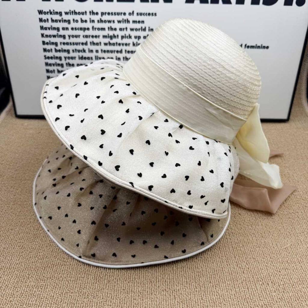 Love organza bow bucket hat women's summer big eaves sunscreen hat cover face UV protection straw hat show small face