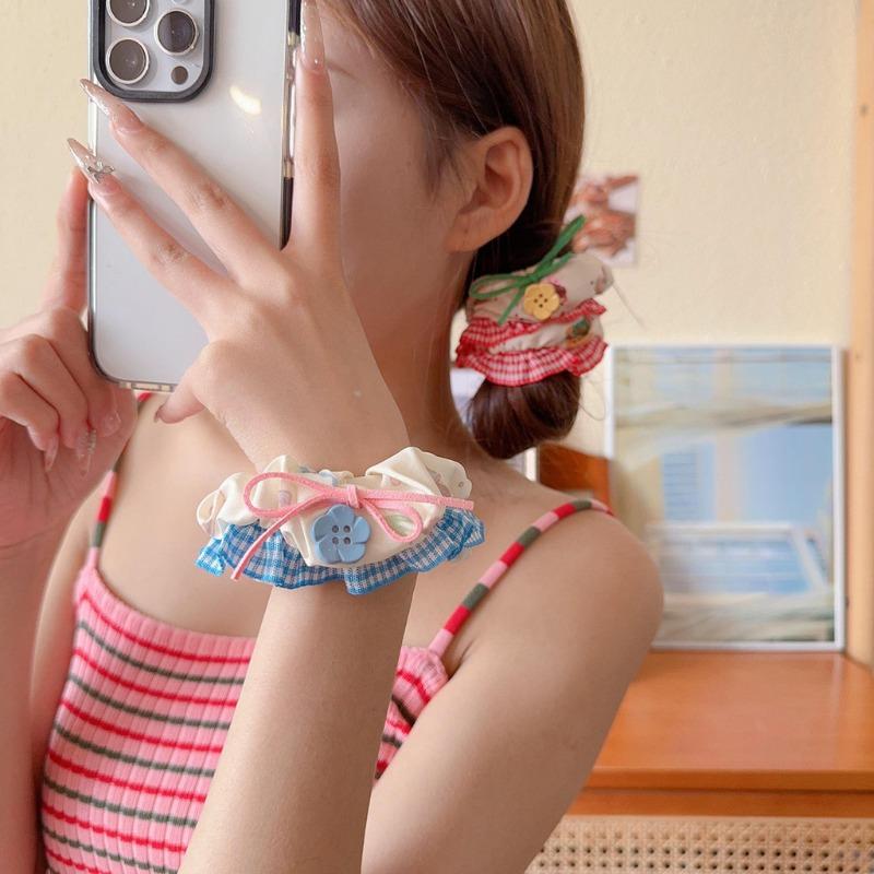 Lace Check Bow Hair Ring Female Cute Sweet Balls Scrunchie Vintage Gentle Hair Accessories