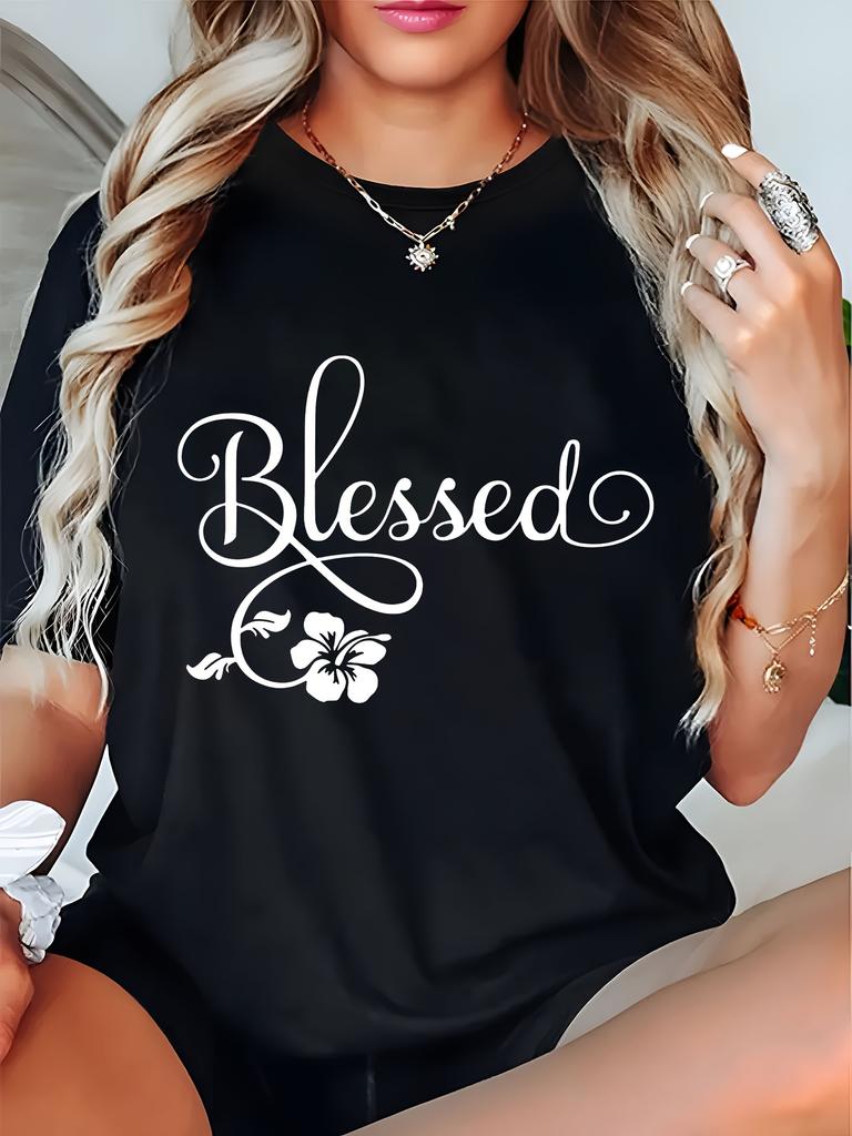 Unisexs Blessed Floral Print Short Sleeve TShirt Soft Polyester Knit Lightweight Comfortable Gray With White
