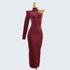 Foreign Trade Edge Single Autumn Turtleneck Shoulder Sleeve Sexy Knitted Sunken Stripe Slim Fit Sheath Mid-Length Dress Over the Knee