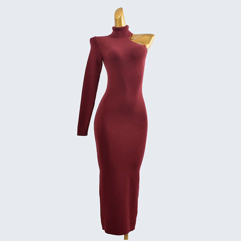 Foreign Trade Edge Single Autumn Turtleneck Shoulder Sleeve Sexy Knitted Sunken Stripe Slim Fit Sheath Mid-Length Dress Over the Knee