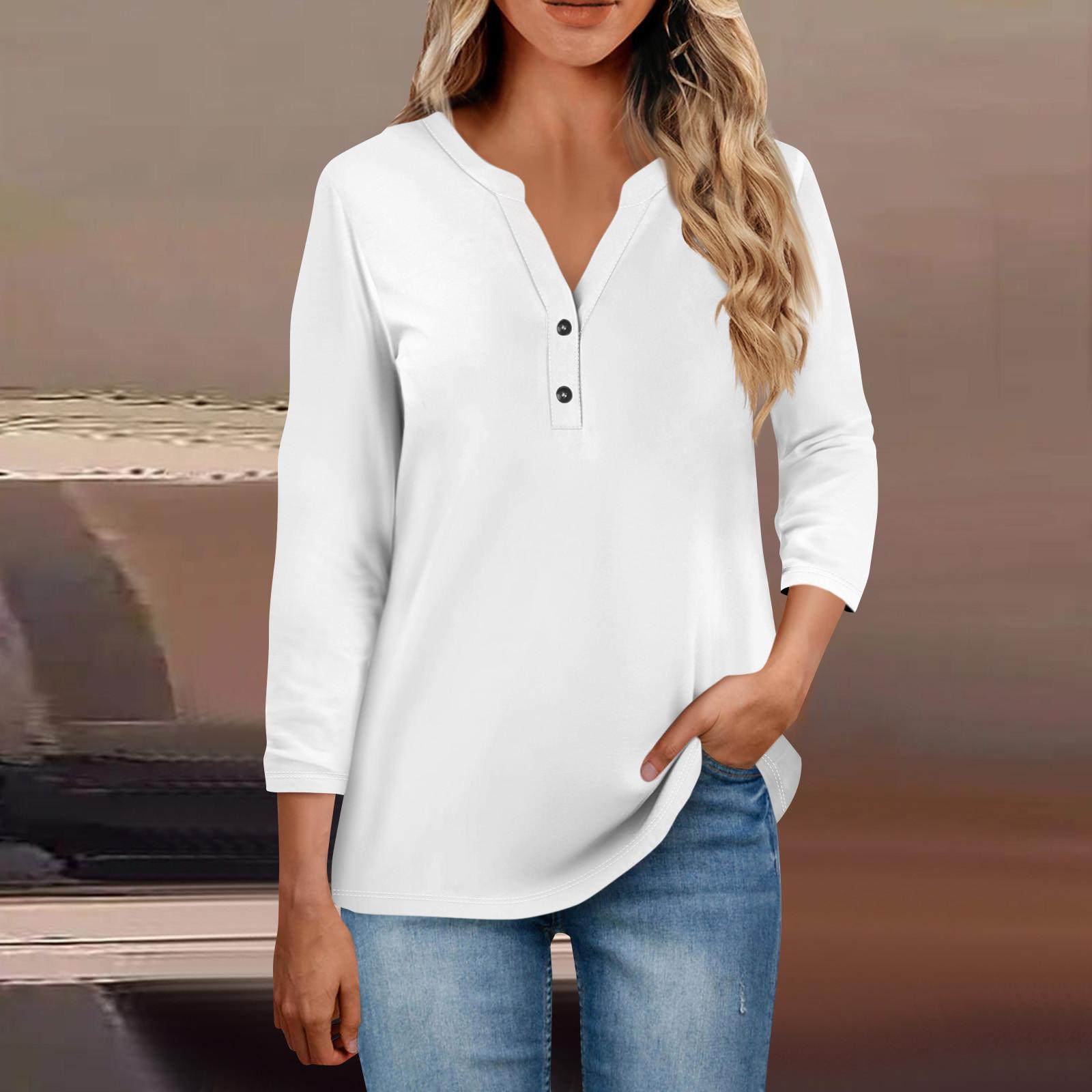 

Женские топы с воротником на пуговицах, женские повседневные топы с рукавом 3/4 и v-образным вырезом, модные рубашки с принтом, топы, футболки с карманами XL белый