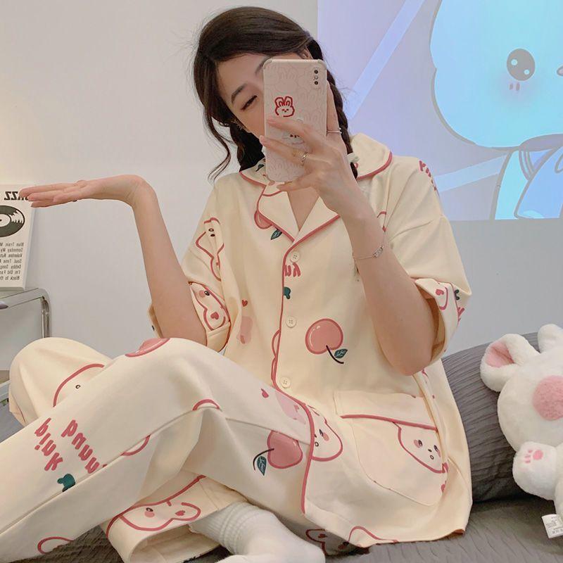Sweet and Cute Pajamas Women's Summer Short-sleeved Trousers Girls Loungewear Suit
