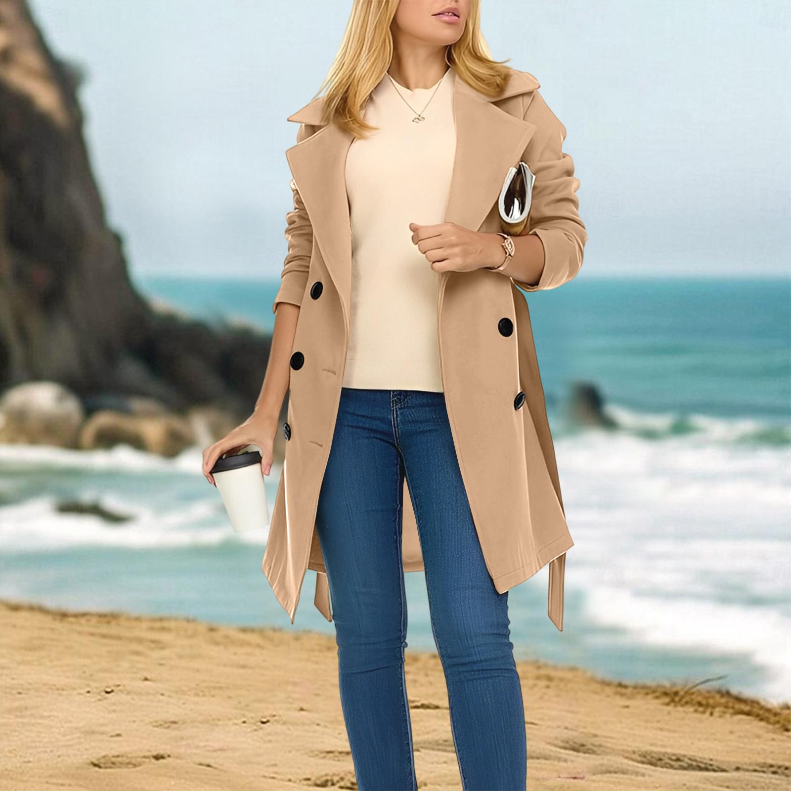 

Женский повседневный и стильный однотонный свободный двубортный длинный тренч L хаки