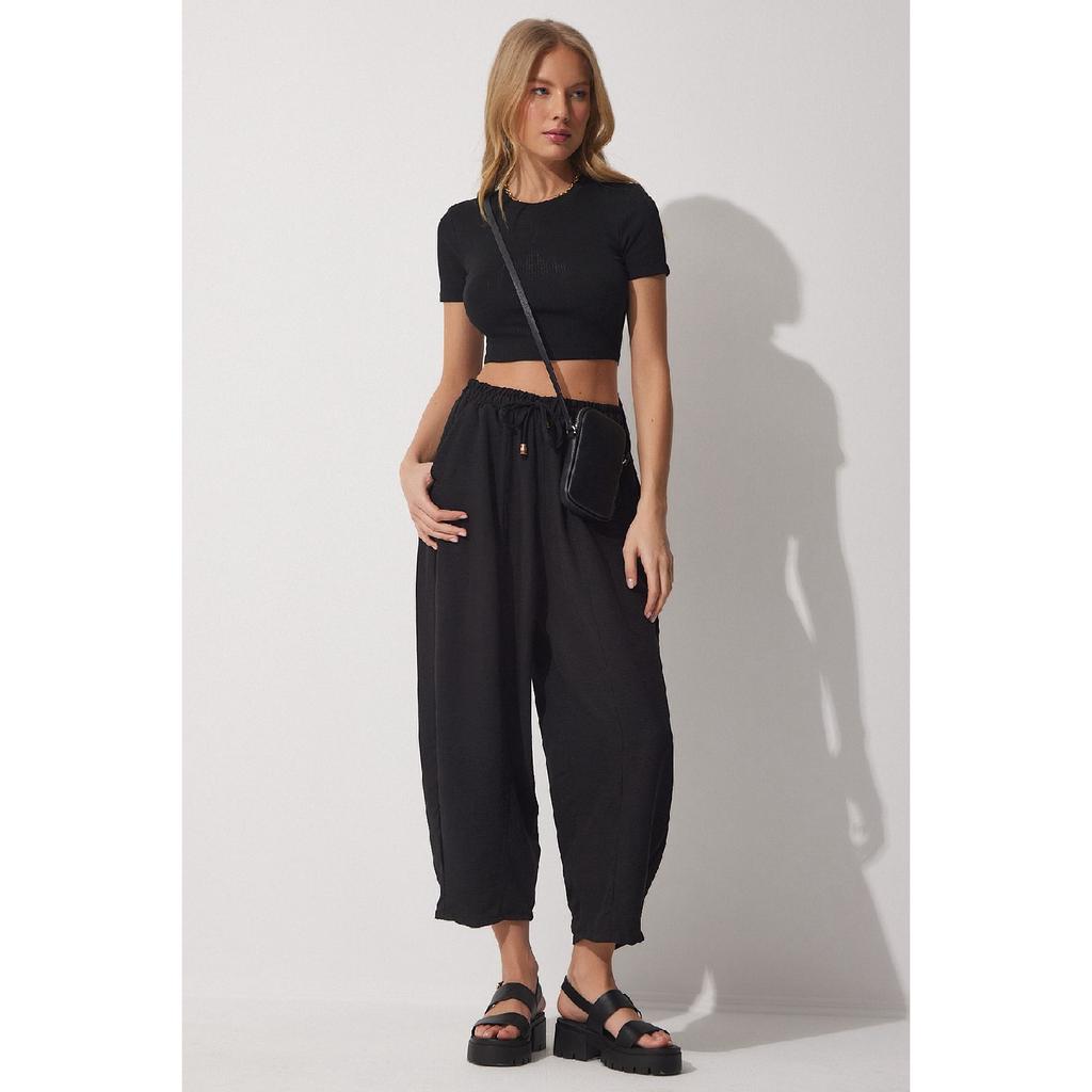 Women's Black Pocketed Linen Viscose Shalwar Trousers Cv00001