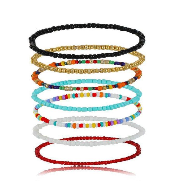 7pcs/set Handmade Rice Bead Beaded Anklet Bracelets Rainbow Color Elastic Anklet 1