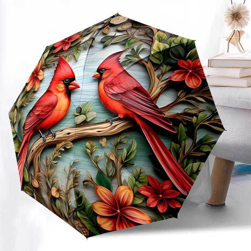 1pc Cardinal Flowers Cardinals Fashionable Automatic Opening/Closing Folding Umbrella with 8 Bones, Windproof Portable, Daily Use212