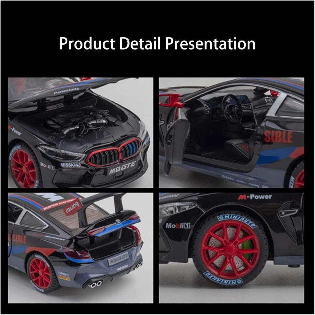 1/24 Scale M8 GTE Racing Diecast automudeli mänguasi, tagasitõmmatav mänguasi koos heli ja valgusega lastele Väikelapse poistele Tüdrukutele Kingikogu