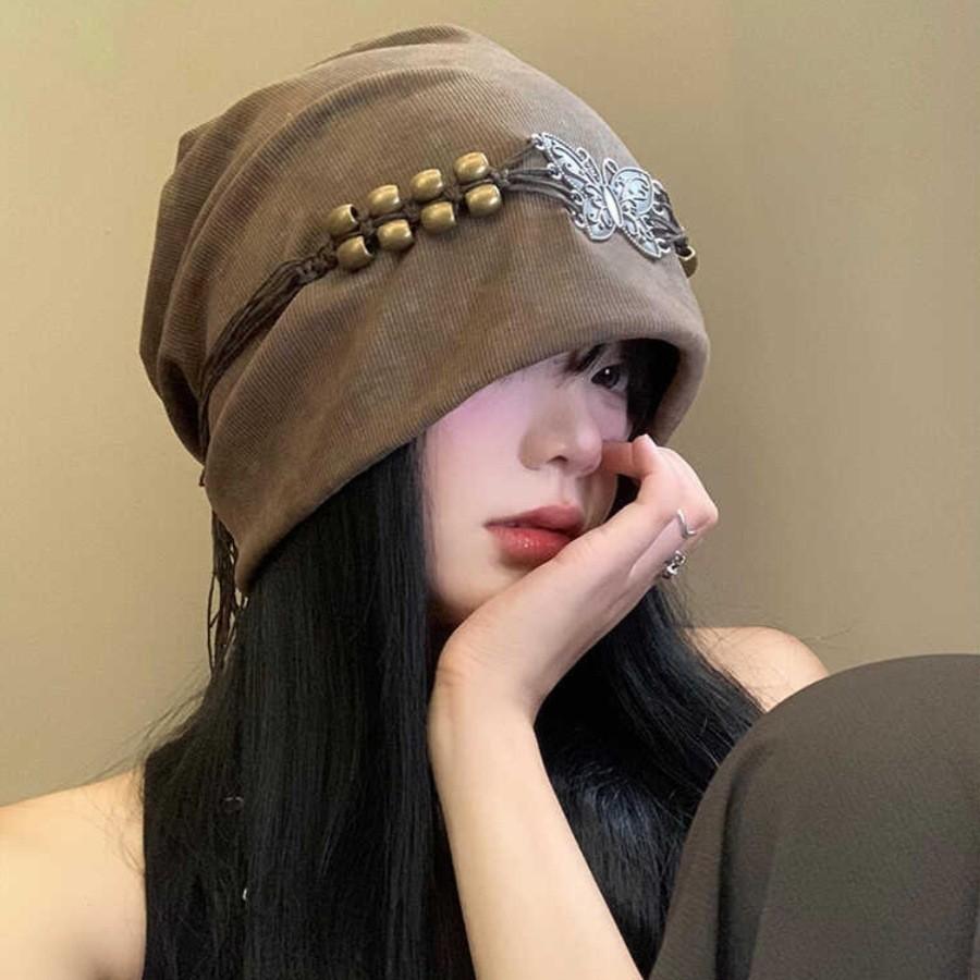 Autumn and Winter British Retro Tassel Beads Butterfly Piles Hat European and American Casual Versatile Pullover Hat Windproof and Warm Cold Hat