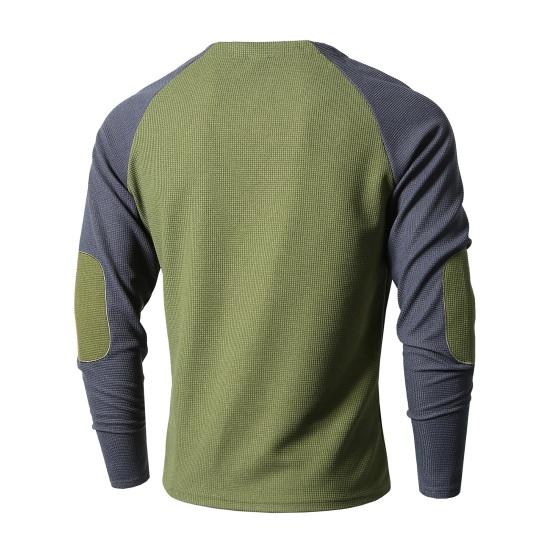 Spring Fall Men Top Regular Fit Colorblocked Long-Sleeve T-Shirt Buttoned Round Neck