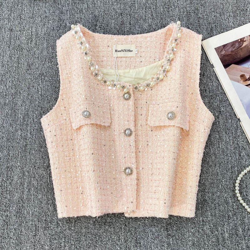 2025 Spring and Summer New Korean Style Heavy Industry Beads Round Neck Sleeveless Single-Breasted Graceful Versatile Temperament Vest Outerwear