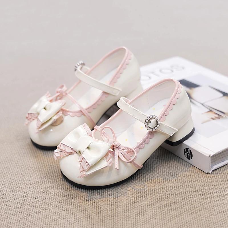 Girls High Heeled Dress Shoes Princess Chic with Double Bow-knot Kids Princess Wedding Party High Heels Fashion Leather Shoes