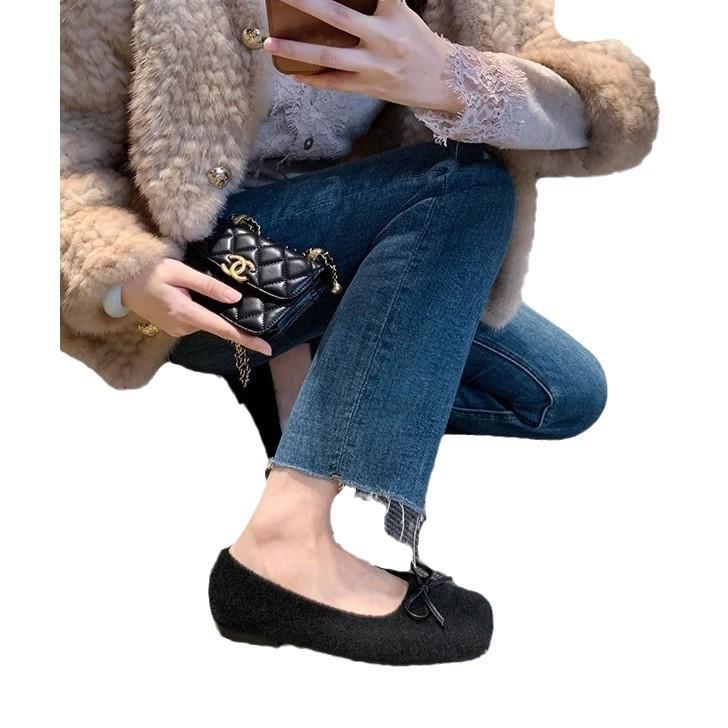Wool version~ Grape mother has the same versatile autumn and winter bow plush warm shallow mouth ballet single shoes for women's autumn and winter