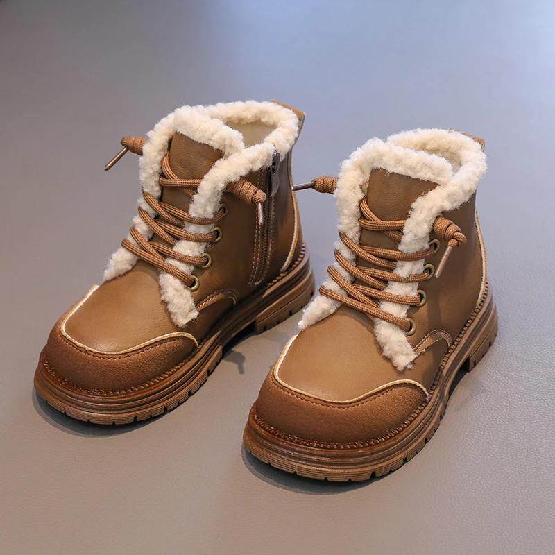 New Winter Girls Thick Bottom Boots Fashion Plush Versatile Children's Causal Cotton Boots Patchwork Round-toe Kids Ankle Boots