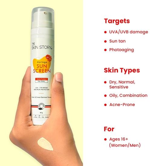 The Skin Story Moringa Sunscreen SPF 50 | Broad Spectrum UVA & UVB Protection | For Men and Women | Anti-Aging Formula  | for All Skin Types 40g