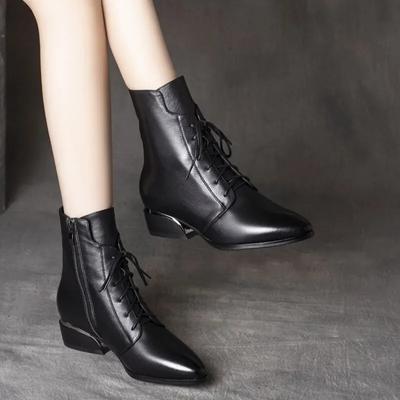 Winter Ankle Boots for Women 2024 New Lace Up Pointed Toe Short Boot British Style Ladies Soft Leather Low Heel Short-Tube Boots