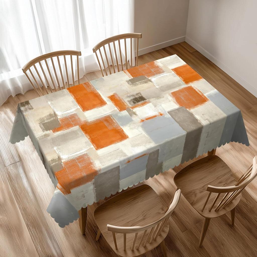 Stylish Modern Art Tablecloth Orange Grey Abstract Painting Brown Beige Watercolor Pattern Table Cover for Kitchen Holiday Party