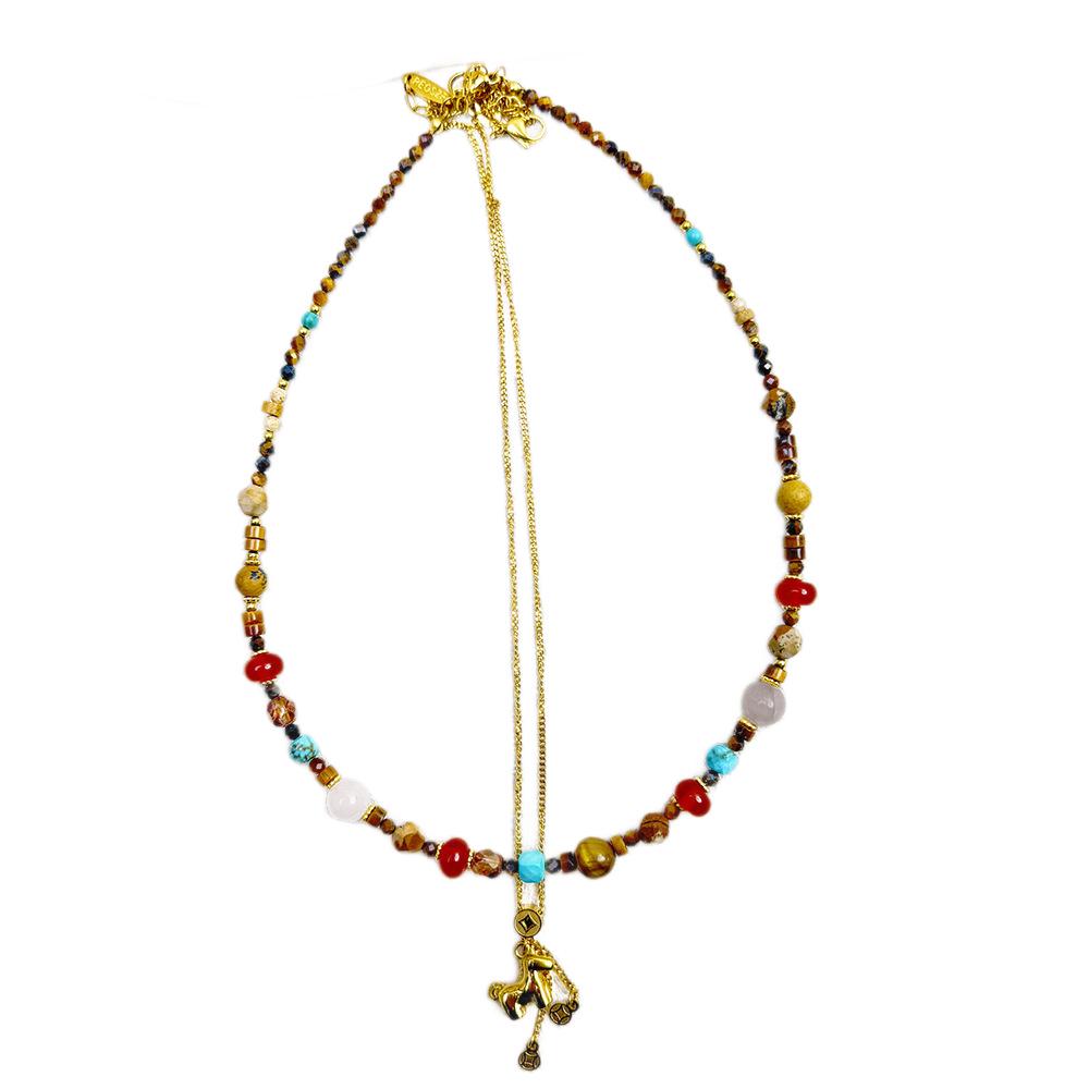 New Year Spring Style Horse Pendant Necklace: Titanium Steel with Dopamine Natural Stone Beads